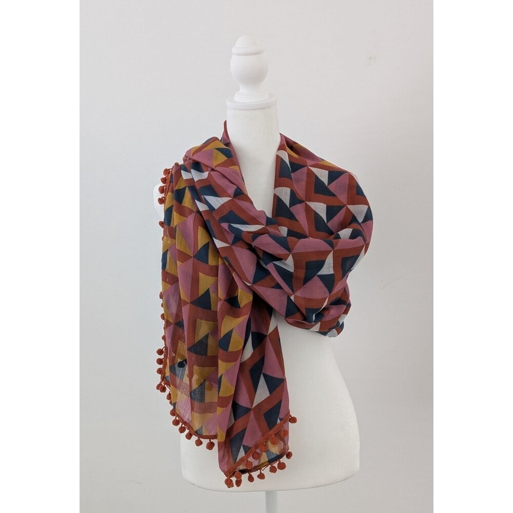 Prana Scarf Geometric block-print Oversized Sarong Pom Pom Trim 68”L x 38”W Boho